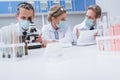 Scientists working with digital tablet and microscope Royalty Free Stock Photo