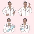 Doctors male characters set. medic workers in uniform with stethoscopes, masks and gloves. hand drawn cartoon vector illustration