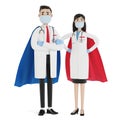 Doctors man and woman in superhero costume.