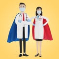 Doctors man and woman in superhero costume.