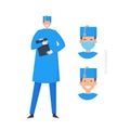 Doctors without mask and in mask. Medical workers on a white. Hospital staff. Surgeon. Vector illustration in a flat