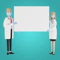 Doctors. Medical specialists man and woman holding blank poster.