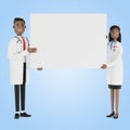 Doctors. Medical specialists man and woman holding blank poster.