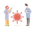 Doctors in medical uniform and protective masks develop vaccine against coronavirus vector flat illustration.