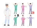 doctors, medical workers set cartoon flat male characters. doctors in medical coats and T-shirts, surgeons and chief physicians in