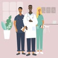Doctors and nurse at the clinic. Team of medical specialists. Flat stylish vector illustration in cartoon style for medical office