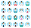 Doctors and nurses characters avatars set. Medical people icons of faces with mask. Flat style vector illustration Royalty Free Stock Photo
