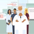 Doctors, nurses and chief physician. Hospital, emergency at the background. Cartoon Vector style for web, medical office, clinics Royalty Free Stock Photo