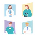 Doctors and nurses, physicians nurses male female cartoon character medical staff