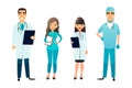 Doctors and nurses team. Cartoon medical staff. Medical team concept. Surgeon, nurse and therapist on hospital