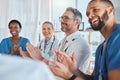 Doctors, nurses and teamwork collaboration clapping after medical presentation, healthcare meeting and hospital medicine Royalty Free Stock Photo