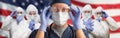 Doctors or Nurses In Hazmat Medical Personal Protective Equipment PPE Against The American Flag Banner Royalty Free Stock Photo