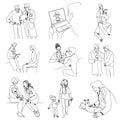 Doctors with patients big collection, flat line vector minimalistic set illustration Royalty Free Stock Photo