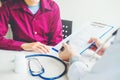 Doctors and patients sit and talk to the patient about medication. At the table near the window in the hospital. Royalty Free Stock Photo