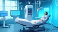 Doctors and patients use VR technology. Future medical technology uses AI robots for diagnosis.