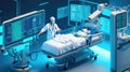 Doctors and patients use VR technology. Future medical technology uses AI robots for diagnosis.