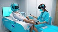 Doctors and patients use VR technology. Future medical technology uses AI robots for diagnosis.