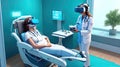 Doctors and patients use VR technology. Future medical technology uses AI robots for diagnosis.