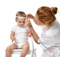 Doctors pediatrician measure infant child baby toddler kid head with tape measure isolated on a white