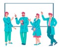 Doctors or pharmacists group pointing at blank banner, flat cartoon vector isolated.