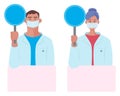 Doctors with plates and empty banners. Medical staff attention, doctor holding placard. Healthcare and medicine vector