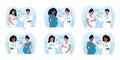 Doctors and pregnant women of different races and ages. Male and female doctors talking to patients using tablet in