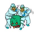 Doctors in protective suits and a coronavirus. Humor caricature. The virus was arrested as a criminal