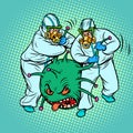 Doctors in protective suits and a coronavirus. Humor caricature. The virus was arrested as a criminal