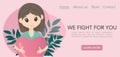 Doctors save our lives fight for us template. Web page with happy female nurse or doctor in uniform. Pink and mint colors. Vector