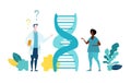 Doctors, scientists, patients facing DNA problem, study and research program. Health and care concept.