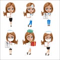 Doctors set of girls in various poses, woman doctor, nurse, health worker with different objects