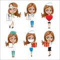 Doctors set of girls in various poses, woman doctor, nurse, health worker with different objects