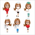 Doctors set of girls in various poses, woman doctor, nurse, health worker with different objects