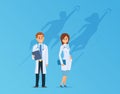 Doctors with superheroes shadow. Medical team, cute strong hospital workers. Medicine power metaphor vector illustration