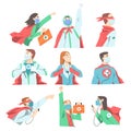 Doctors Superheroes Wearing Waving Capes and Medical Masks Set, Confident Doctors Fighting Against Viruses, Healthcare