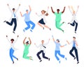 Set of happy medicine workers. Multicultural men and women jumping with raised hands in various poses.