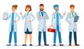 Doctors team. Healthcare workers, medical hospital nurse and doctor with stethoscope standing together cartoon vector Royalty Free Stock Photo