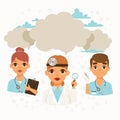 Doctors team and other hospital workers with equipment banner vector illustration. Medicine professionals and medical Royalty Free Stock Photo