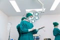 Doctors are wearing protective gloves, examining and treating patients in operating room equipped with modern medical equipment Royalty Free Stock Photo