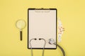 doctors workplace - medical tablet, stethoscope, pills and magnifying glass Royalty Free Stock Photo