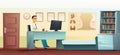 Doctors workplace. Office with health posters and certificates on wall. Reception Medicine. Cheerful cartoon style