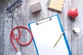 doctors workplace with stethoscope, clip board and prescription on desk. Royalty Free Stock Photo