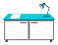 Doctors workplace at the table in the office. Blue desk and a lamp in medical cabinet isolated