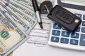 Documant, dollar, pen, calculator and toy car Royalty Free Stock Photo