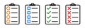 Document with approval check mark icon, quality sign. Task done sign, tick symbol. Set clipboard icons isolated. Checklist