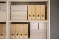 Archive folders on wooden shelves.