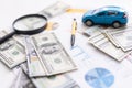 document - buying a car with euro, pen, calculator and toy car. Royalty Free Stock Photo