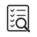 Document check icon vector. Checklist magnifier assessment icon.