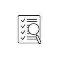 Document check icon vector illustration. Checklist magnifier assessment line icon.