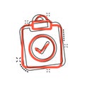 Document checkbox icon in comic style. Test cartoon vector illustration on white isolated background. Contract splash effect